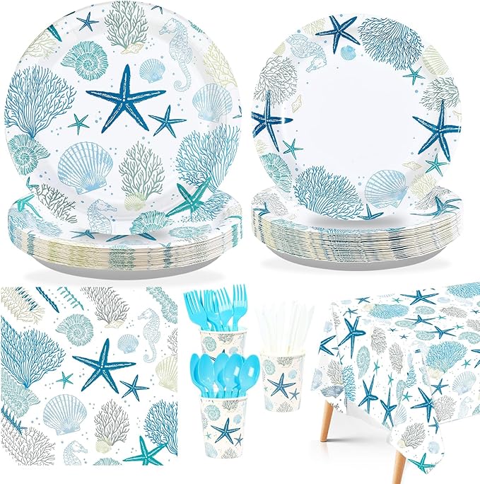 170Pcs Coastal Beach Party Decorations Under the Sea Plates Napkins Tablecloths Disposable Ocean Coral Starfish Tableware Set for Kitchen Summer Beach BBQ Holiday Party Supplies Serves 24