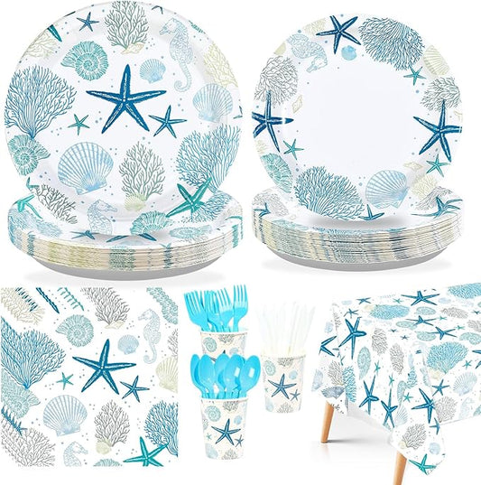 170Pcs Coastal Beach Party Decorations Under the Sea Plates Napkins Tablecloths Disposable Ocean Coral Starfish Tableware Set for Kitchen Summer Beach BBQ Holiday Party Supplies Serves 24