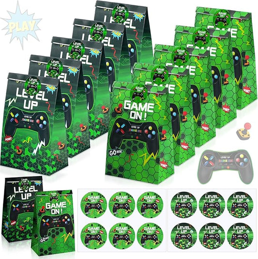 Geosar 30 Pack Video Game Party Favor Paper Bags Game on Goodie Candy Gift Bags with 30 Stickers Level up Reusable Goodie Treat Snacks Supplies for Boys Kids Gaming Birthday Party(Green)