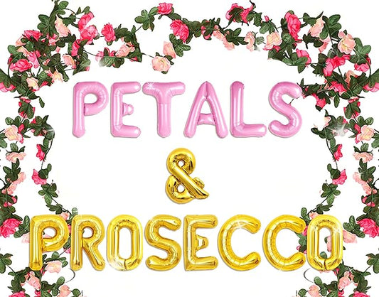 Petals And Prosecco Bridal Shower Decorations Artificial Pink Flowers Garland Prosecco Balloons Spring Roses Floral Hanging Garland Vine Wedding Party Supplies