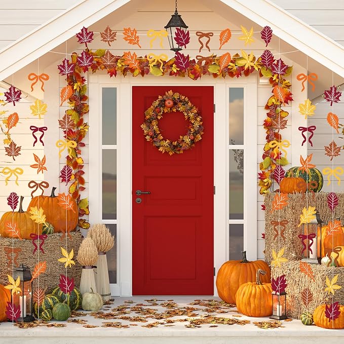TaoBary 8 Pack Thanksgiving Fall Maple Leaves Garland Banner for Thanksgiving Mantle Decorations Autumn Home Farmhouse Decor Maple Leaf Bow Hanging Streamer for Wedding Birthday Party Supplies