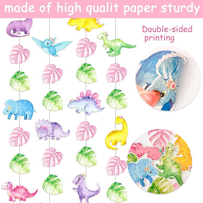 8pcs Dinosaur Theme Party Hanging Garlands Pink Dinosaur Birthday Party Ceiling Garland Decorations for Girls Dino Theme Birthday Baby Shower Supplies