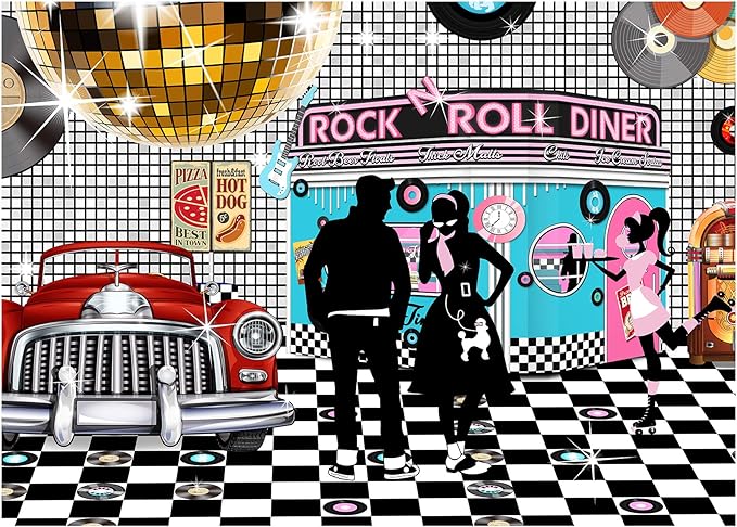 50s Diner Backdrop Large Banner Decoration Dessert Table Background Photobooth Prop Non-washable 7x5feet