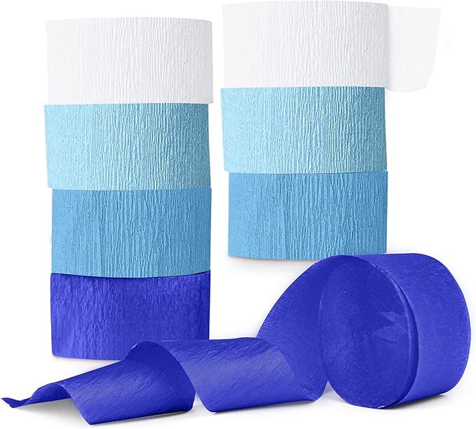 Blue Crepe Paper Streamers, Blue Party Decorations - 8 Large Rolls, 2in x 120ft Each Roll - Decorative Creped Roll for Birthday, Festival, Wedding, Backdrop or Photo Booth Decoration and Flower Making