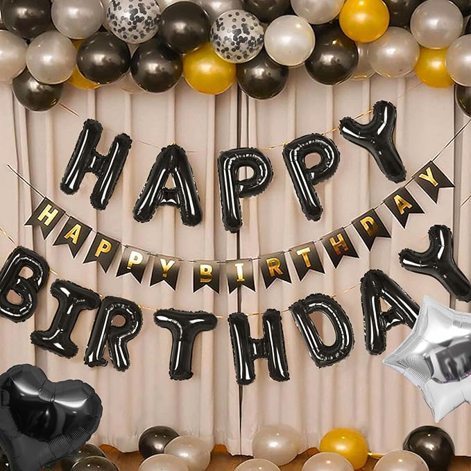 CANREVEL Happy Birthday Balloons Banner 16 Inch Mylar Foil Letters with Star & Heart Balloons Birthday Party Decorations for Men and Women - 30 Pcs Black