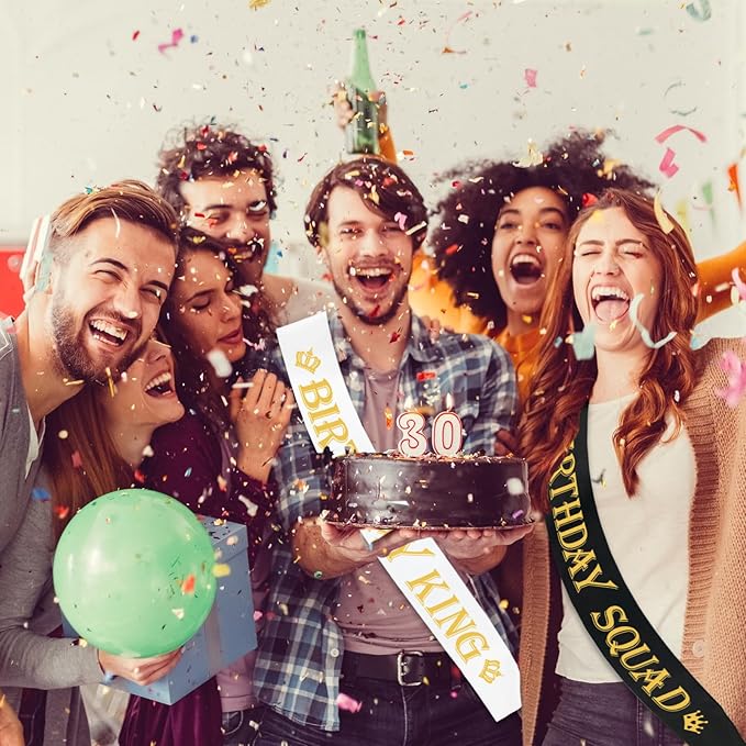 7 Pcs Birthday King Sash and Birthday Squad Sashes Set, Funny Bday Sashes for Men Bday Party Supplies Gifts Favors, Black+White (Gold Letters)