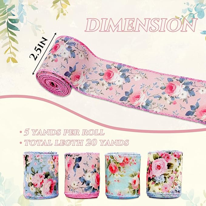 Spring Floral Wired Edge Ribbon, Watercolor Vintage Flower Ribbon with Pink Rose Design Ribbon for Wreath, Bow Making, DIY Crafts, Wrapping and Making Rose Petals,4 Rolls, 20 Yard (Pink-Blue)