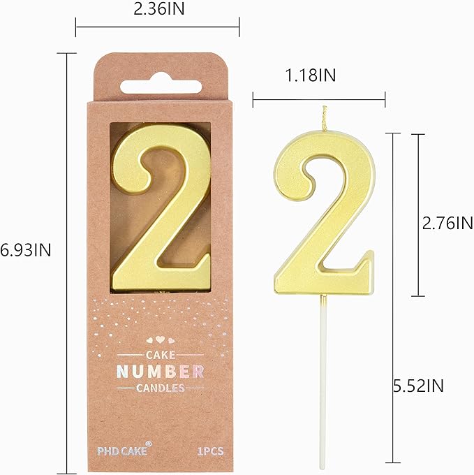 PHD CAKE 2.76 Inch Modern Gold 2 Number Birthday Candles, Gold Number Candles, Cake Number Candles, Party Celebration