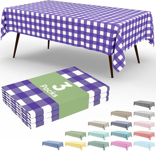 Smiry 3 Pack Purple Gingham Disposable Tablecloths - 54" x 108" Heavy Duty Plastic Table Cloth, Waterproof Buffalo Plaid Table Covers for Picnic, Banquets, Parties