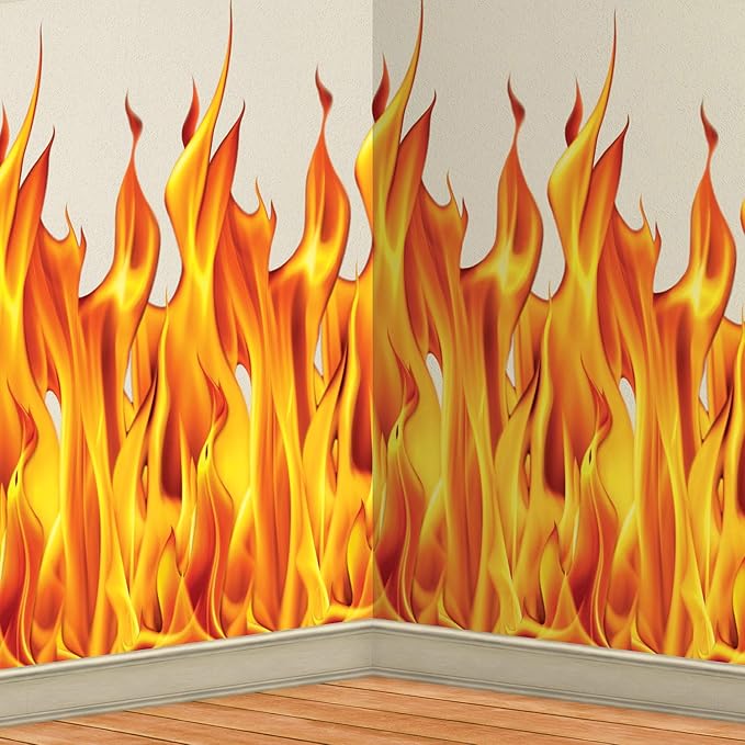 Beistle Plastic Flame Wall Backdrop, 4’ x 30’ – Photo Backdrop, Easy to Adhere Wall Covering, Party Decor, Burning Fire Photography Background for Birthdays, Holidays & Events