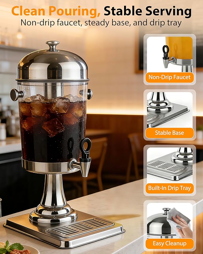 Beverage Dispenser with Stand,2 Gallon Drink Dispenser for Parties,Events,Buffet &Self-Serve,Dual Ice Tube Core Fruit Infuser,Leakproof Spigot,Clear PC Container,Stainless Steel Lid&Base