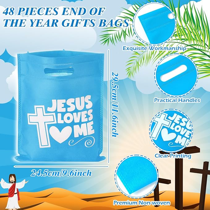 Wesnoy 48 Pcs First Communion Jesus Loves Me Gift Bags Bulk Religious Christian Church Cross Goodie Snack Treat Candy Rainbow Bags Non Woven for Baptism Party Favors