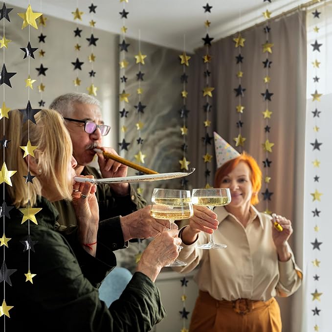 Cheerland 156ft Graduation Party Decorations Star Garland Black Gold Hanging Paper Twinkle Stars Streamer Grad Banner Wedding Backdrop for Starry Night Birthday Congrats Grad Class of 2026 Party Decor