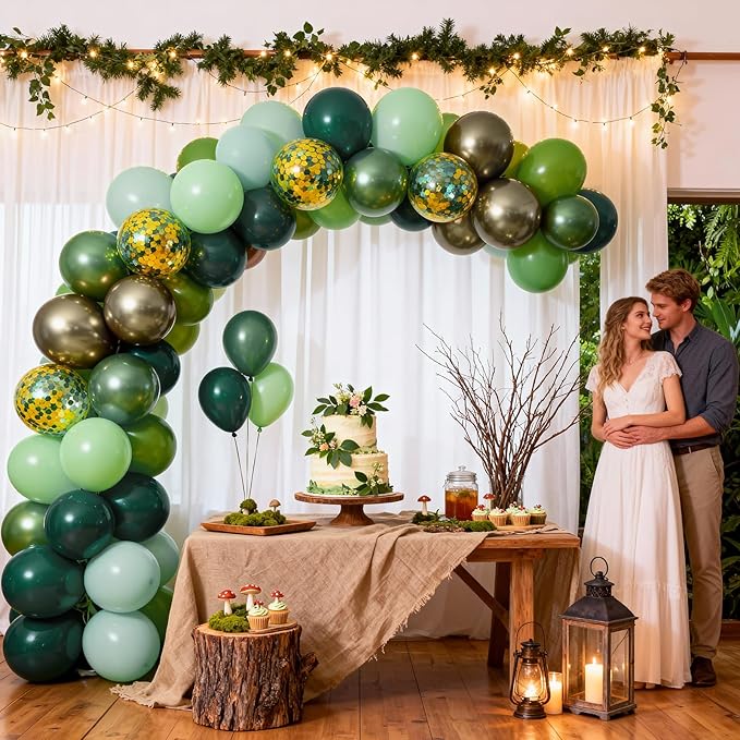 Sage Green and Gold Balloons, 12 Inch Emerald Forest Hunter Dark Green Metallic Gold Latex Balloon with Confetti Balloon for Wild One Jungle Birthday Graduation Safari Baby Shower Decorations Supplies
