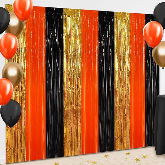 BEISHIDA 3Pcs Gold Orange Black Door Streamer Backdrop Foil Fringe Tinsel Curtains Backdrops for Construction Party Decorations Halloween Party Supplies(3.28 ft x 6.56 ft)