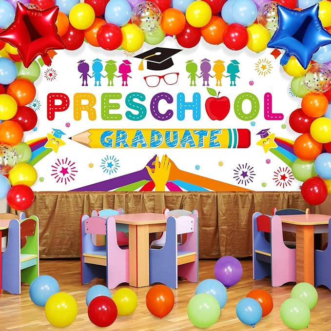 Oudain Kindergarten 2026 Graduation Party Decorations Kit Includes Preschool Graduation Backdrop and Balloon Garland for 2026 Pre Elementary Celebration Decoration Party Supplies(White)