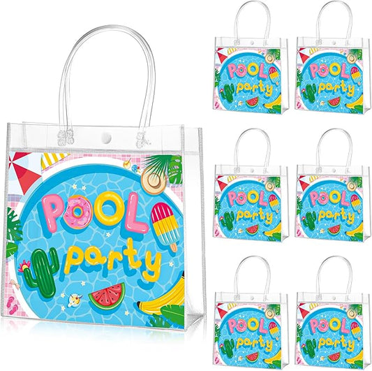 Aliceset 20 Pcs Pool Party Clear Favor Bags with Handles Swimming Themed Waterproof Goodie Bags for Pool Swimming Summer Party Birthday Baby Shower Supplies, 8 x 8 x 3. 15 Inch