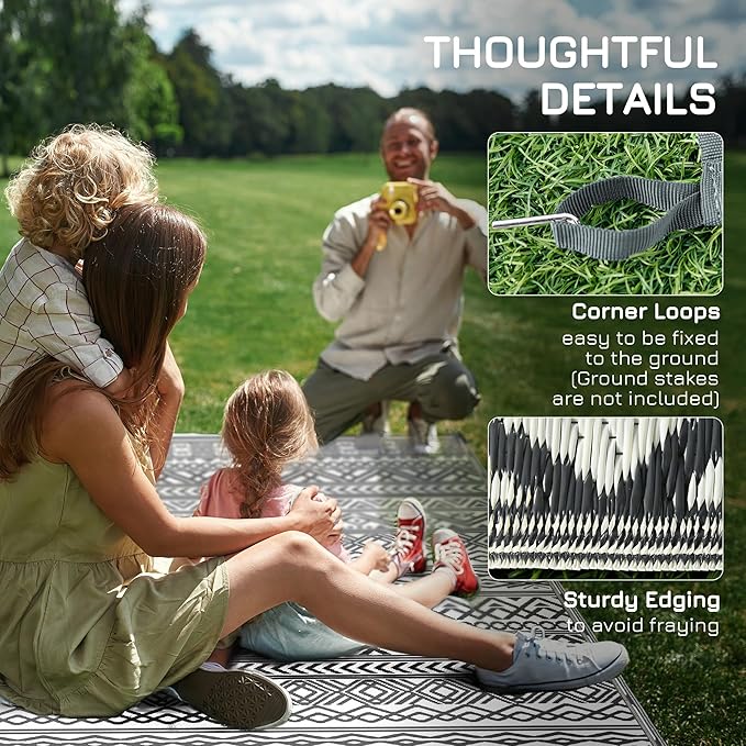 Outsunny Outdoor Rug for Patio, 9' x 18' Waterproof Large Mat, Reversible Plastic Straw Rug for Decor, Portable Outside RV Camping Area Carpet Mat for Backyard Porch Deck Picnic, Gray & Cream Boho