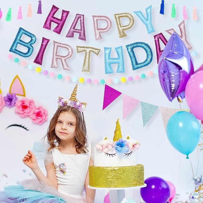 Mindsoft 5 Pcs Pre-strung Unicorn Glitter Happy Birthday Banner Set, Felt Happy Birthday Garland with Ball Garland, Pennant Flags and Tassels, Birthdays Party Decorations for Kids and Adults