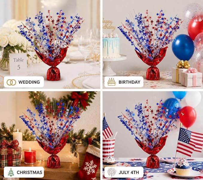 4 Pack Metallic Foil Spray Centerpiece Stars for Wedding, Birthday, Anniversary, Christmas Table Decor, Holiday Festival Baby Shower Graduation Mantle Party Decorations (Red&Blue&Lridescent)