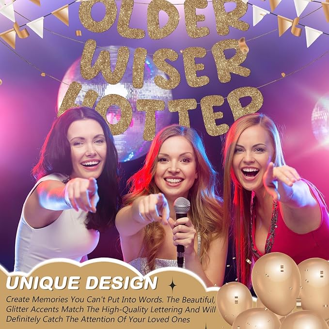 Fulmoon Set of 3 Pre Strung Older Wiser Hotter Glitter Banner Funny Birthday Banner for Women 30th 40th 50th 60th 70th 80th Birthday Party Decorations Sign Gift(Dark Champagne)