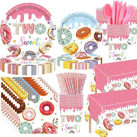 Funnymoom 452 Pcs Donut Two Sweet Birthday Decorations Girls for 50 Guests, Pink Donut Themed Paper Plates Cups Napkins Tablecloth Cutlery Straws for Girl 2nd Birthday Party Supplies
