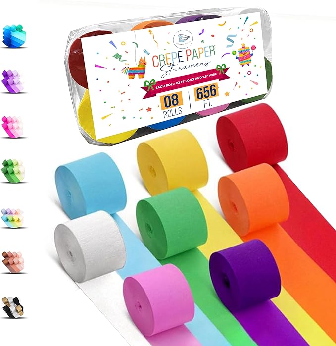 8 Crepe Paper Streamers Rolls, 656ft Pack of Unique 8 Rainbow Streamers Party Decorations, Birthday Streamers, Party Streamers for Wedding Decoration (1.8 inch x 82 ft/Roll)