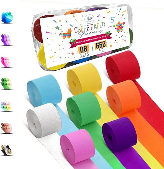 8 Crepe Paper Streamers Rolls, 656ft Pack of Unique 8 Rainbow Streamers Party Decorations, Birthday Streamers, Party Streamers for Wedding Decoration (1.8 inch x 82 ft/Roll)