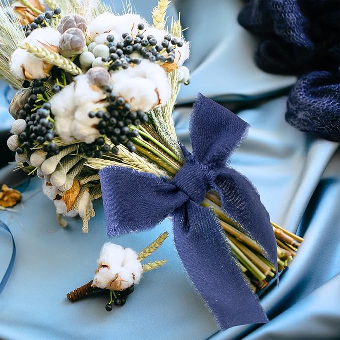 Blue Cotton Linen Ribbon 1.5" x 21Yds Boho Vintage Rustic Ribbon Handmade Fringe Frayed Cloth Fabric Ribbon for Gift Wrapping Wedding Invitations Bridal Bouquets DIY Crafts