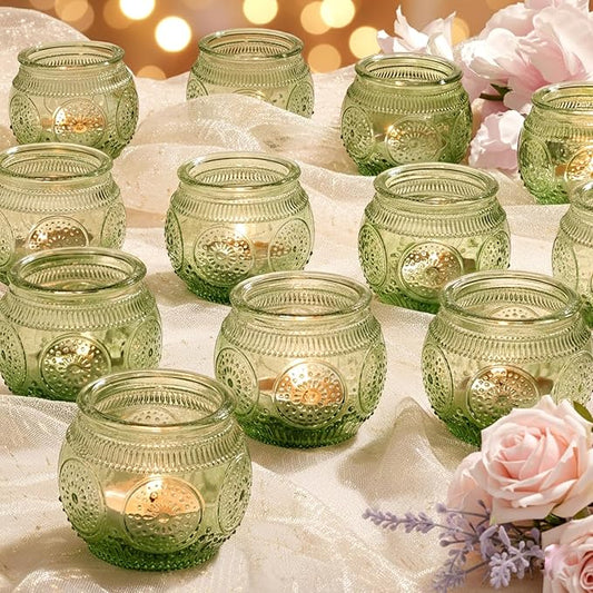 24 Pcs Green Candle Holder-Floral Style Vintage Candle Holders for Wedding Table Centerpieces, Bridal Shower Decor, Rustic Wedding Decor, Tea Party
