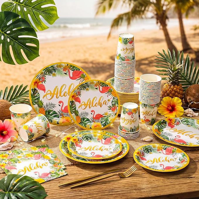 Jingmore 200 Pcs Tropical Hawaii Aloha Party Supplies Serve 50 Guests Luau Paper Plates Cups Napkins for Summer Beach Tableware Pool Party