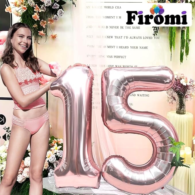 FIROMI 15 Foil Number Balloons Rose Gold 40-inch Big Giant Jumbo Mylar 15 or 51 Balloon Numbers for 15th Birthday Party Anniversary Decorations