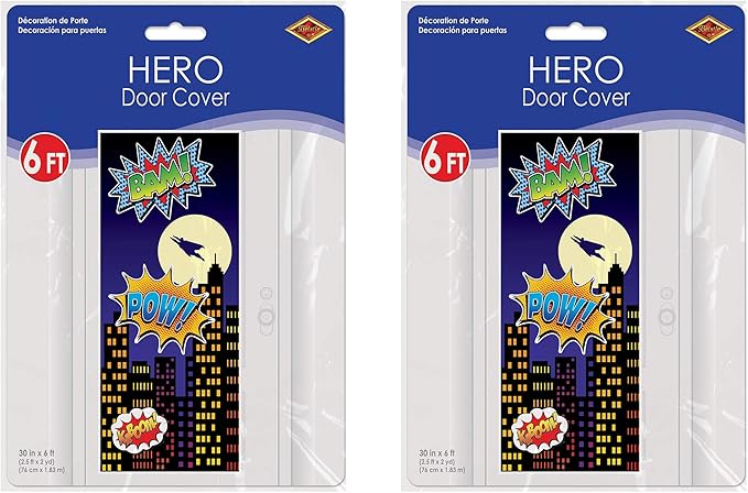 Beistle 2-Piece Hero Door Covers, Superhero Themed Party Decorations, Comic Book Hero Party Accessories, Action Hero Party Supplies, 30" x 6'