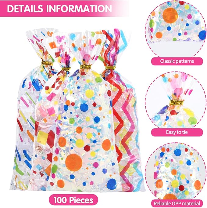 100 Pcs Rainbow Cellophane Bags 5 X 11 Inch Plastic Candy Gift Bag with Twist Ties for Valentine's Day and Birthday Favors Gift Cookie Weddings Packing Party Favor Supplies