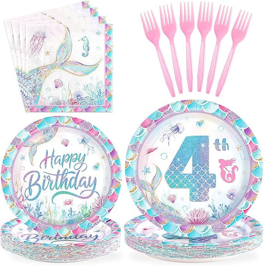 96Pcs 4th Mermaid Birthday Party Decorations Pink Blue Mermaid 4th Birthday Plates and Napkins Disposable Little Mermaids Tableware Set for Girls 4 Year Old Mermaids Party Supplies, Serves 24