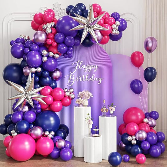 Purple Blue Red Balloon Garland Arch Kit, 167Pcs Hot Pink Midnight Blue Metallic Purple Silver and Star Foil Balloons for Princess Girl Women Birthday Bridal Baby Shower Party Decoration