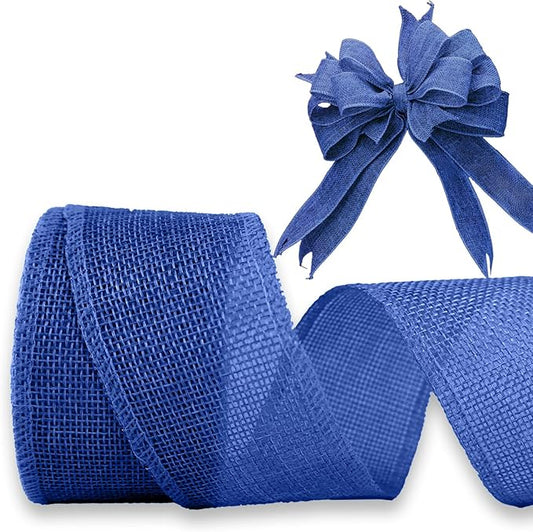 Blue Burlap Ribbon 2 inch X 10 Yard Natural Blue Woven Ribbon DIY Handmade Solid Wired Edging Production Wreath Holiday Decoration Gift Ribbons for Gift Wrapping