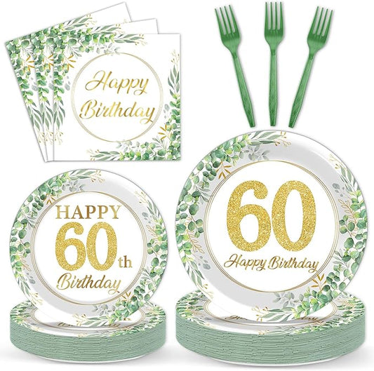 Qyeahkj 100 Pcs 60th Birthday Decorations Party Tableware Set Greenery Eucalyptus Paper Plates Sage Green Plates Forks and Napkins 60th Birthday Party Decoration for 60 Years Old Women Serve 25 Guests