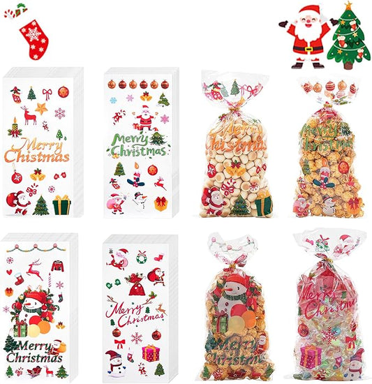 EatnMgan 200Pcs Christmas Cellophane Treat Bags,Cellophane Bags,Santa Claus Goodie Candy,Xmas Party Favors Bags Cellophane Candy bags with 220Pcs Twist Ties for Christmas Party Supplies