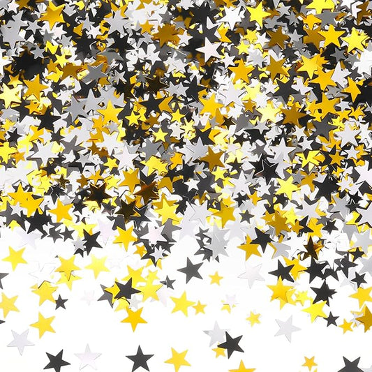 Hestya Star Confetti Glitter Table Confetti Metallic Foil Stars for Graduation Wedding Birthday Party Decorations(Silver Gold Black,10mm and 6mm,60g)