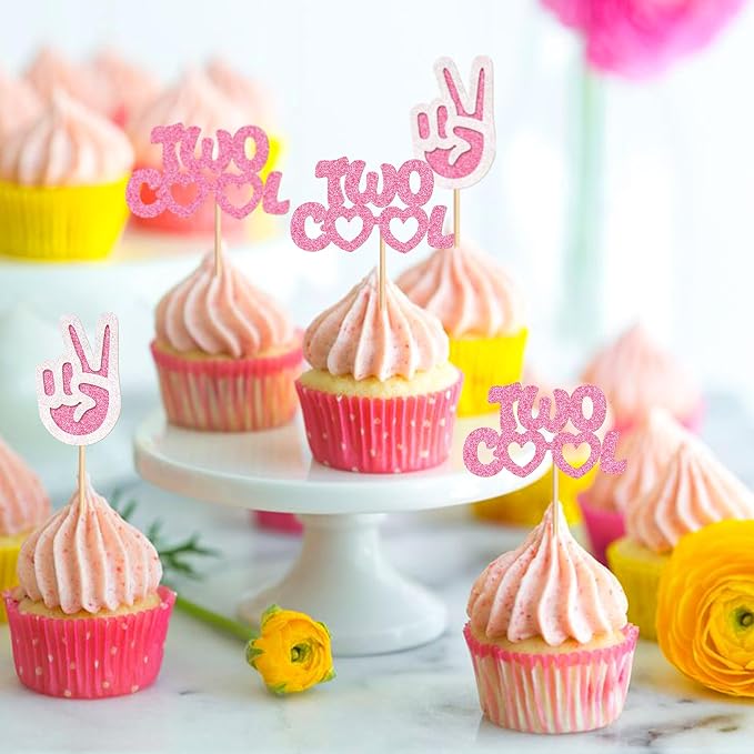 Ercadio 24 Pack Two Cool Cupcake Toppers Glitter Pink Two Cool Happy 2nd Birthday Cake Picks Baby Shower Kids Second Birthday Party Cake Decorations