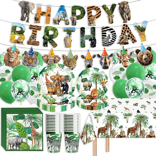 Safari Birthday Party Supplies Jungle Disposable Paper Plates Napkins Cups Tablecloth and Banner for Safari Animals Themed Party Decorations, Wild Animals Safari Zoo Birthday Party Supplies