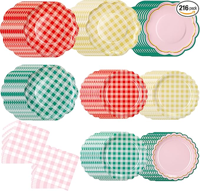 216 Pcs 72 Guests Camp Gingham Party Plates and Napkins Camping Gingham Paper Plates Napkins Checkered Plaid Disposable Tableware for Picnic BBQ Bachelorette Baby Bridal Shower Party Supplies
