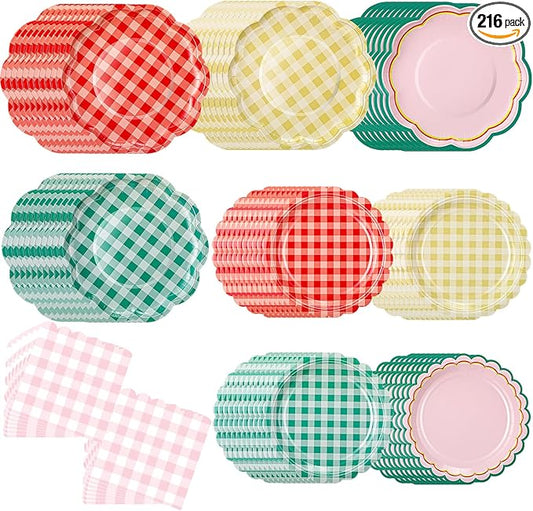 216 Pcs 72 Guests Camp Gingham Party Plates and Napkins Camping Gingham Paper Plates Napkins Checkered Plaid Disposable Tableware for Picnic BBQ Bachelorette Baby Bridal Shower Party Supplies