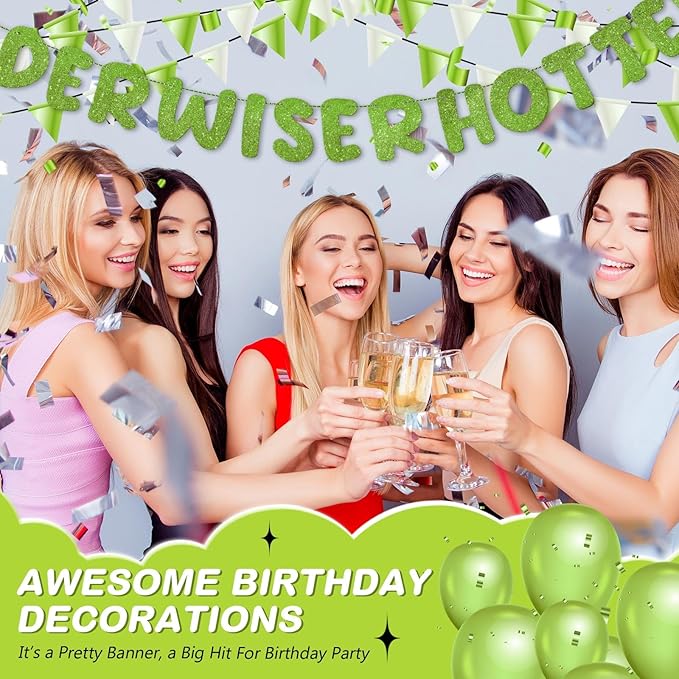 Fulmoon Set of 3 Pre Strung Older Wiser Hotter Glitter Banner Funny Birthday Banner for Women 30th 40th 50th 60th 70th 80th Birthday Party Decorations Sign Gift(Grass Green)