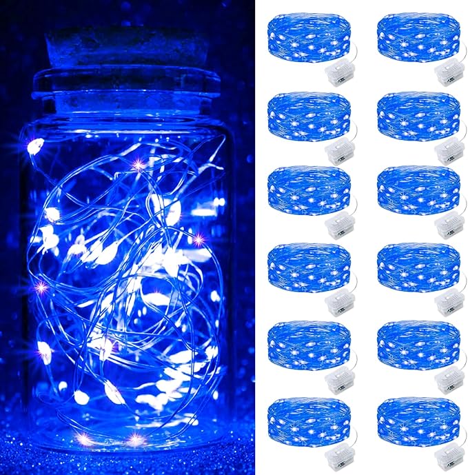 pozzolanas 12 Pack Blue Fairy Lights Battery Operated 3 Modes 7FT 20 LED Waterproof String Lights Twinkle Silver Wire for Mason Jars Wedding Christmas Halloween Part Decor (12, Blue)