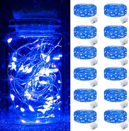 pozzolanas 12 Pack Blue Fairy Lights Battery Operated 3 Modes 7FT 20 LED Waterproof String Lights Twinkle Silver Wire for Mason Jars Wedding Christmas Halloween Part Decor (12, Blue)