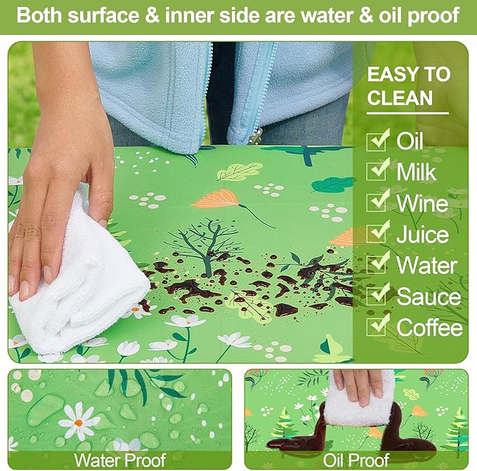 Picnic Table Cover with Bench Covers Camping Essentials Waterproof Windproof Camping Tablecloth with Drawstring Bag, Fitted Rectangle Tables and Seats, 96in, Grass Green