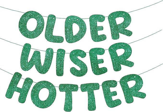 Fulmoon Set of 3 Pre Strung Older Wiser Hotter Glitter Banner Funny Birthday Banner for Women 30th 40th 50th 60th 70th 80th Birthday Party Decorations Sign Gift(Green)