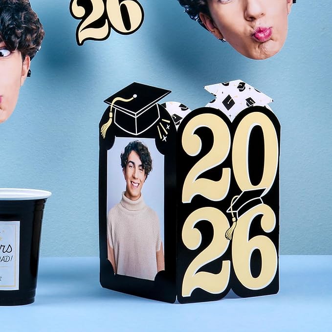 Big Dot of Happiness Black & Gold 2026 Graduation Photo Holder Centerpieces, 4x6 Picture Display Box, Table Decoration Centerpiece for Grad Party Decor, 8 Count